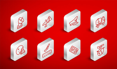 Set line Globe with flying plane, Warning aircraft, Pilot hat, Fuel tanker truck, Airline ticket, Radar, Plane takeoff and Modern pilot helmet icon. Vector