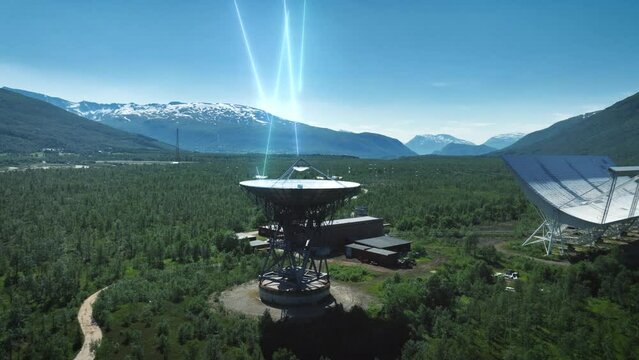 Parabolic Antenna dish reflecting signal beams from space - 3D motion graphics