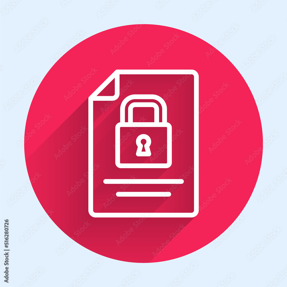 Poster white line document and lock icon isolated with long shadow background. file format and padlock. sec