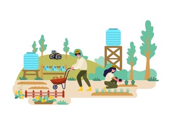 Couples planting carrots It is cultivated in rural areas with rake, shovel, hoe, soil, wheelbarrow, water tank and other tools. The plant will grow well. flat illustration.