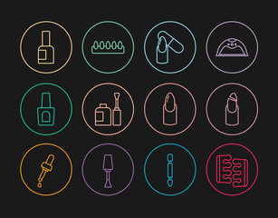 Set line Toe separator for pedicure, Broken nail, Nail file, Bottle of polish, manicure and False nails icon. Vector