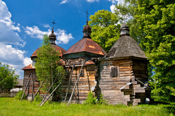 Fototapeta na wymiar Wooden church in Stare Brusno, village in Subcarphatian Voivodeship, Poland.