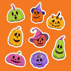 Happy halloween pumpkins sticker set on white background. Vector illustration.