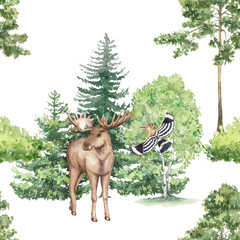 Watercolor wild moose, hoopoe, forest trees illustration. Woodland seamless pattern with cute animals. Hand painted nature print for kids design, fabric, textile, wallpaper and packaging © Victoria Pak