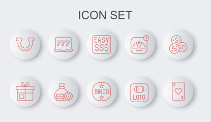 Set line Playing card with heart, Gift box, Money prize casino, Lottery ticket, Horseshoe, Laptop and slot machine, bag and Bingo icon. Vector