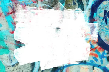 Fototapete Graffiti Nahaufnahme einer farbenfrohen, blaugrünen, grauen und roten urbanen Wandstruktur mit weiß-weißem Farbstrich. Modernes Muster für Design. Kreativer urbaner Stadthintergrund. Schmutziger unordentlicher Straßenstilhintergrund mit Kopienraum