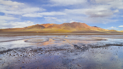 Salt-lake and salt-flat Salar de Tara with the volcano Cerro Losloyo in the background on the Altiplano in the north of Chile