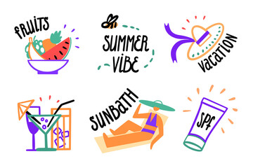 Set of vector images. Sun bath, vacation, fruits, summer vibe, spf, cocktails. Cartoon flat style, doodle style isolated on white background.