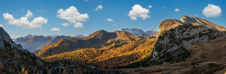 Autumn alpine Dolomites mountain scene, Sudtirol, Italy. View from Falzarego Pass to Marmolada...