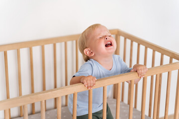 Portrait of upset sad frustrated one year old baby boy getting hysterical standing in bed asking to...