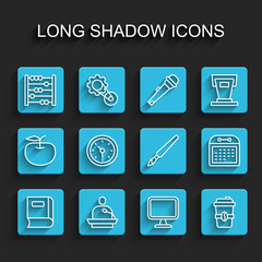 Set line Book, Gives lecture, Abacus, Computer monitor, Coffee cup go, Clock, Calendar and Paint brush icon. Vector