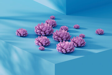 Studio shot of pink colored succulent plants lying on top of blue ledge