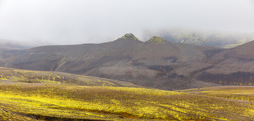 Panorama of a landscape with mountains and black lava flows covered with green mos