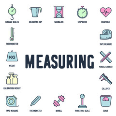 barbell, brass scales, calibration weights, calliper, clock, compass, crane hook, distance, divider, dumbbells, equipment, graphic, health, height, hygrometer, icon, indicator, industrial scales, inst