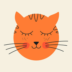 Abstract simple cat face. Ginger cute red haired kitty offended by something. Vector hand drawn illustration. Flat line art design