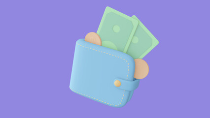 Portmone coin money in cartoon style wallet.Wallet with Cash Money 3d illustration on purple background isolated. 3d render