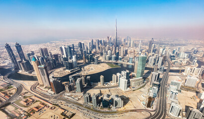 Dubai aerial view of downtown skyscrapers with Burj Khalifa.