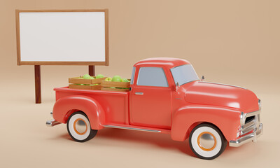 3D red pickup with ripe apples in boxes and a banner on the background. Autumn harvest. 3D rendering © Оля Палац