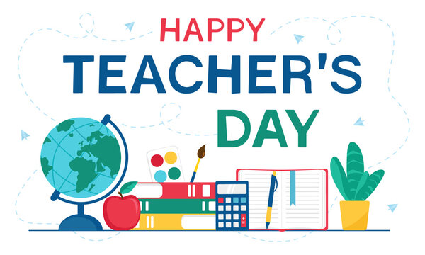 Happy teacher's day illustration with school supplies. Design for greeting card or website. Vector illustration