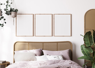 farmhouse interior bedroom, empty wall mockup in white room with wooden furniture and lots of green plants, 3d render