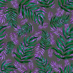 Naklejka na ściany i meble Watercolor seamless pattern with palm leaves. Beautiful allover tropical print with hand drawn exotic plants. Swimwear botanical design. 
