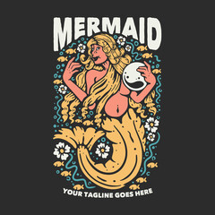 t shirt design mermaid with mermaid carrying a big pearl with gray background vintage illustration