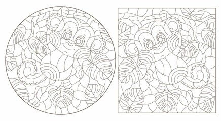 A set of contour illustrations in the style of stained glass with cute cartoon monkeys on tree branches, dark outlines on a white background