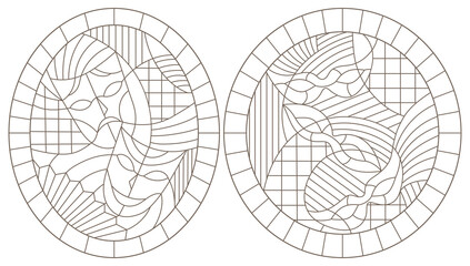 Set contour illustrations of the stained glass Windows on the theme of the carnival with abstract masks, oval images