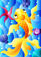 Fototapeta na wymiar Illustration in stained glass style with a goldfish on a background of shells and water