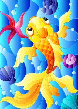 Illustration in stained glass style with a goldfish on a background of shells and water