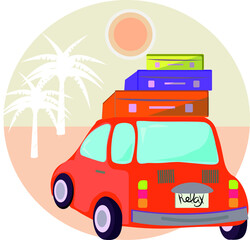 illustration of a car with suitcases on the roof