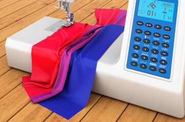 Sewing machine with bisexual flag on the wooden table. 3D rendering - obrazy, fototapety, plakaty