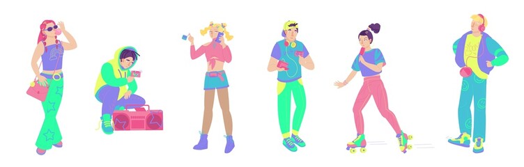 Y2K young people figures set. Editable vector illustration