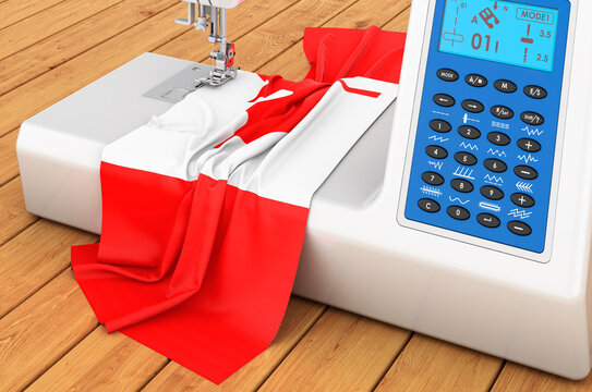Sewing machine with Canadian flag on the wooden table. 3D rendering