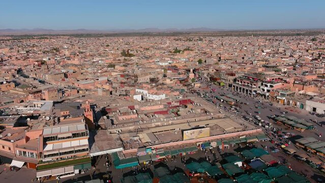 Marrakech Aerial view, Morocco, 2022
Jemaa el-Fnaa is a square and market place in Marrakesh's medina quarter (old city), drone view, Marrakech Morocco, July,06,2022 

