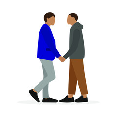 Two male characters holding hands on a white background