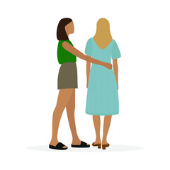 One female character hugging another female character on a white background