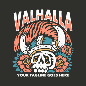 t shirt design valhalla with skull viking head and gray background vintage illustration