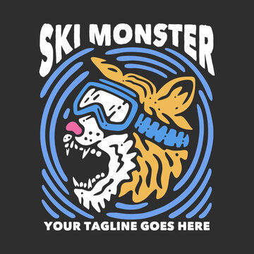 t shirt design ski monster t shirt design snowing wild with tiger head wearing ski goggles and gray background vintage illustration
