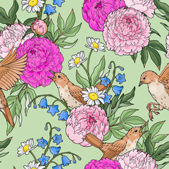 Pink peony and birds vector seamless pattern © olga_igorevna
