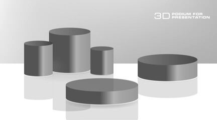 Stylish 3D podium in graphite color. Cylindrical gray pedestal for your presentation. Minimalistic 3D scene to showcase your product. Vector template for presentations