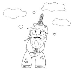 cute unicorn with cotton candy drawn by hand. Vector illustration for coloring in doodle style