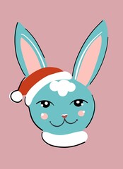Cute blue rabbit in Santa Claus hat. The head of a rabbit in the cartoon style. Illustration, vector.