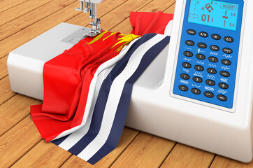 Sewing machine with Kiribatian flag on the wooden table. 3D rendering