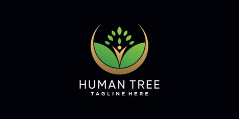 Human tree logo design template with leaf element and modern style concept Premium Vector