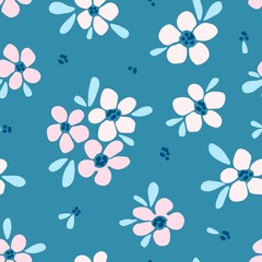Fototapeta na wymiar Simple gentle floral vector seamless pattern. Light pink flowers, leaves on a dark blue gray background. For fabric prints, textiles, clothes. Spring-summer collection.