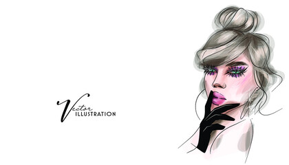 Woman face with closed eyes makeup sketch. Make up artist business card design, cosmetics banner background, beauty invitation.