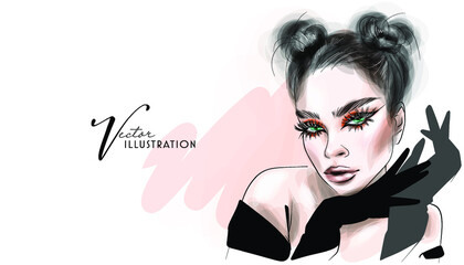 Woman face with closed eyes makeup sketch. Make up artist business card design, cosmetics banner background, beauty invitation.
