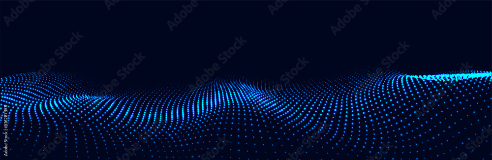 Poster dynamic blue particle wave. futuristic point glowing wave. flow digital structure. data technology b
