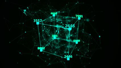 Technology blockchain concept. Visualization of the dynamic flow of the cryptocurrency industry. Big data flow connections. Network connection structure. 3D Rendering.